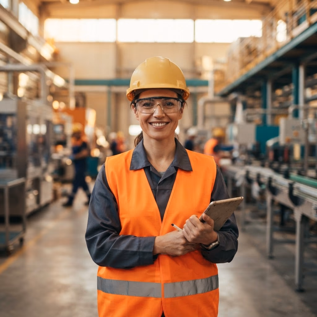 Une opératrice souriante portant un casque et un dossard de sécurité dans une usine de production moderne